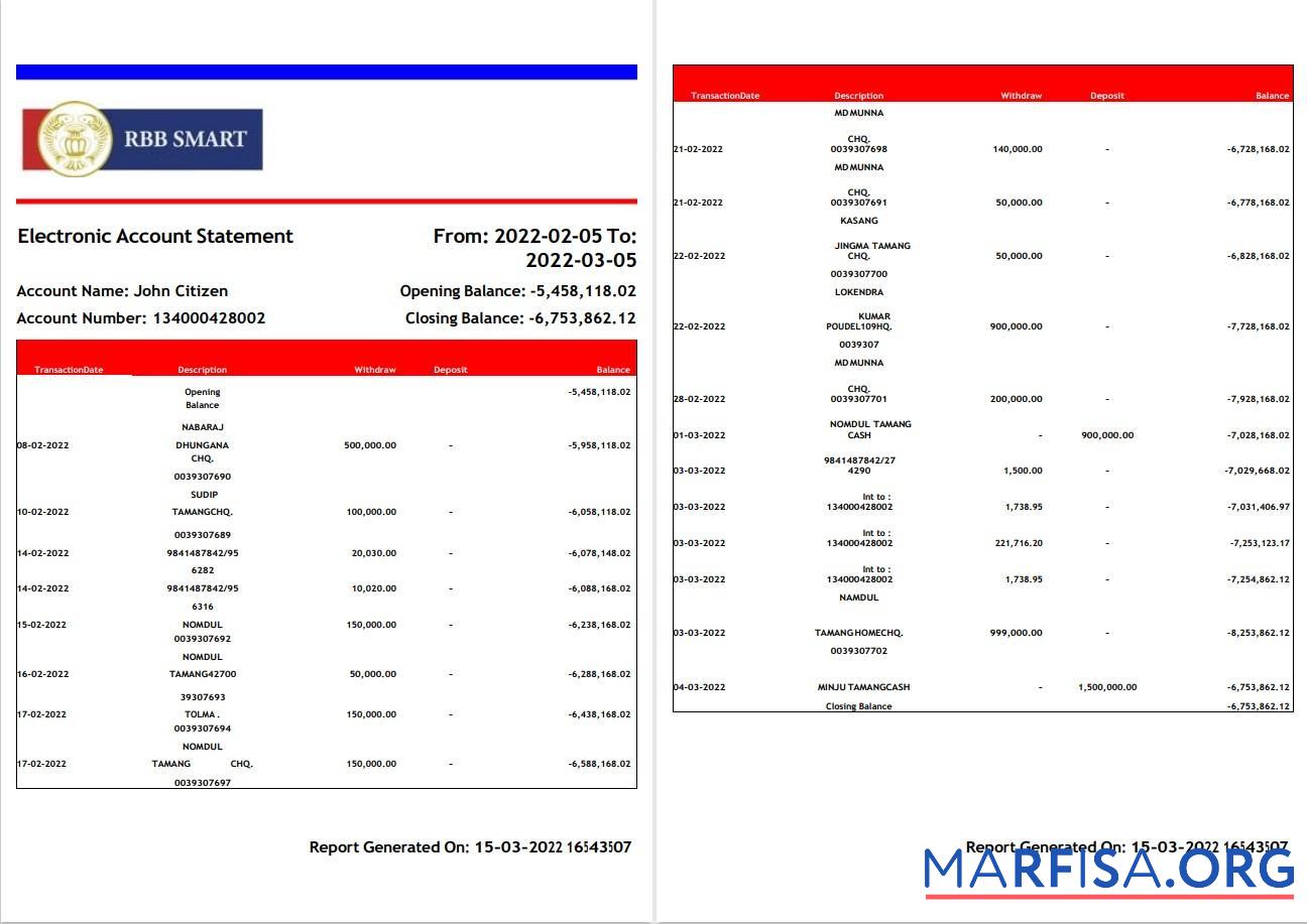 Printable India RBB Smart bank statement word 2 pages template